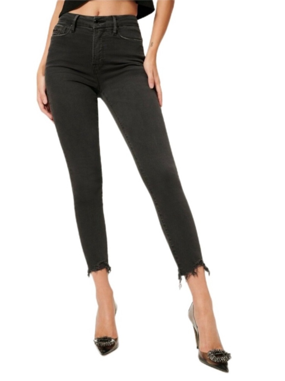Good American Good Waist Crop Chewed Raw Hem Black Jeans, Size 10/30
